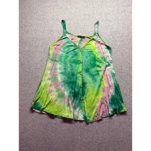 Monnuro Womens 2X Tie Dye Button Front Camisole Tank Top Green Pink Sleeveless